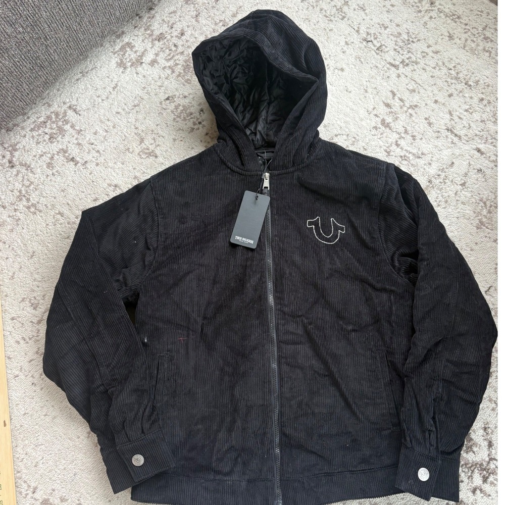 True Religion‎ Mens Corduroy Jacket Bomber Black Hooded Full Zip size small